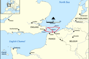 "Dunkirk-Evacuation-shipping routes"-by- Strait_of_Dover_map.png:-User:NormanEinstein- derivative-work:- Diannaa-is-licensed-under-CC-BY-SA-3.0.